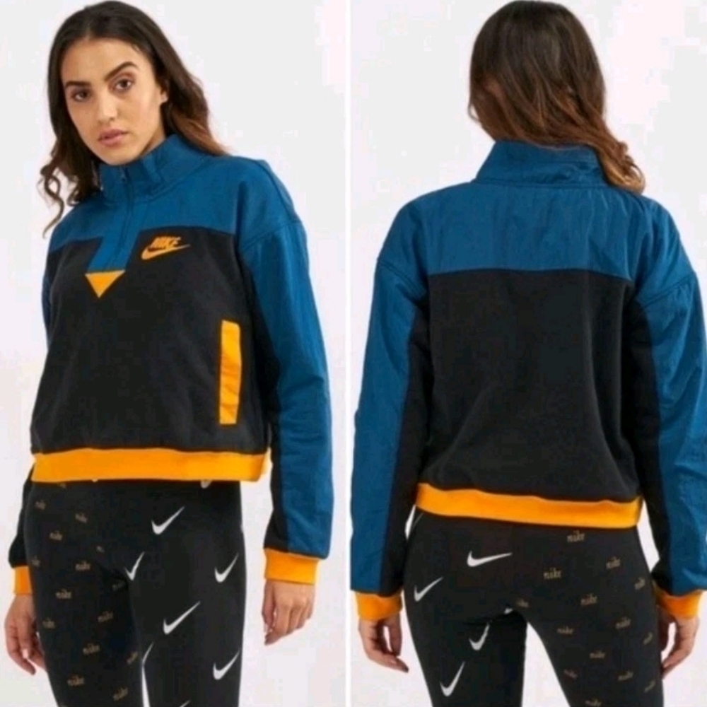 Nike Sportswear Half Zip Fleece Jacket Blue Black Orange Cropped Size Small